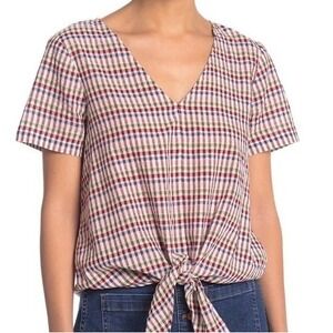 Madewell Tie-Front Rainbow Pink Gingham Plaid Blouse Top XS - EUC‎